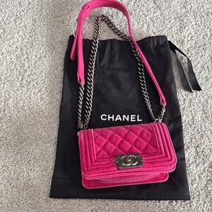Chanel Boy Bag Mini Fuschia with Ruthenium Hardware 100% Authentic
